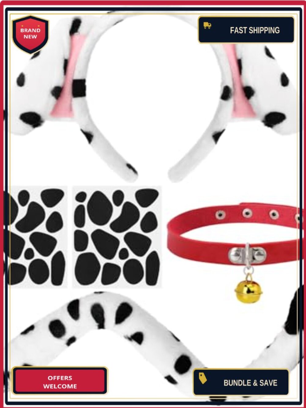 Dalmatian Costume Set Ears Headband Choker Tail Spot Stickers Halloween